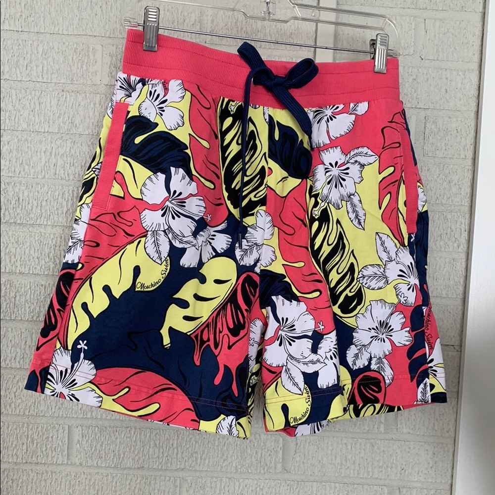 Moschino Men's Swim Size XS Pink Hibiscus Leaf Beach Pants Elastic Drawstring
